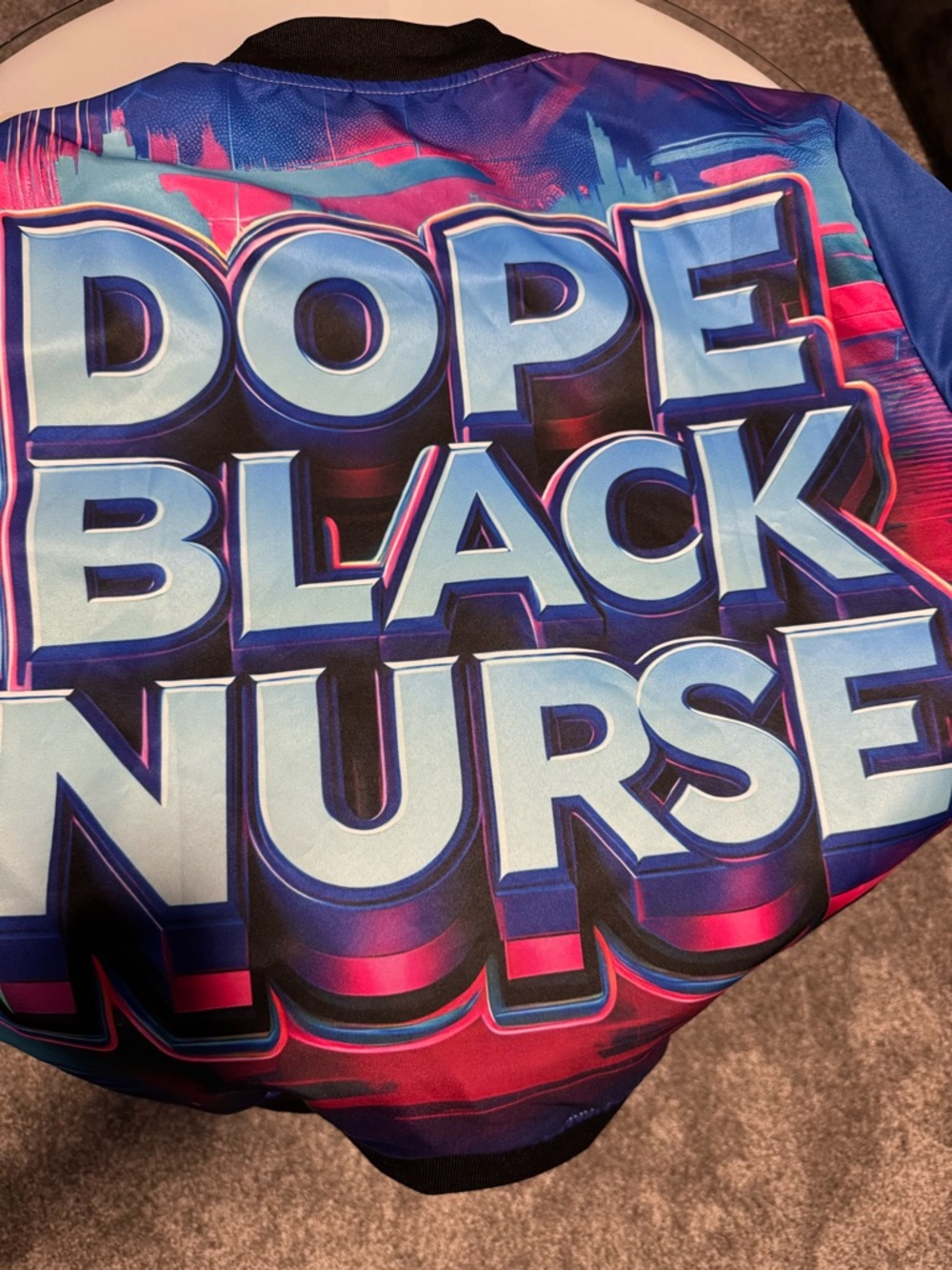 Dope Black Nurse Graphic Jacket - Bold Blue & Pink Print